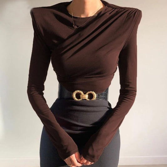 Women Clothing Solid Color Pleated Long Sleeve Sexy Top Padded Shoulder T-shirt