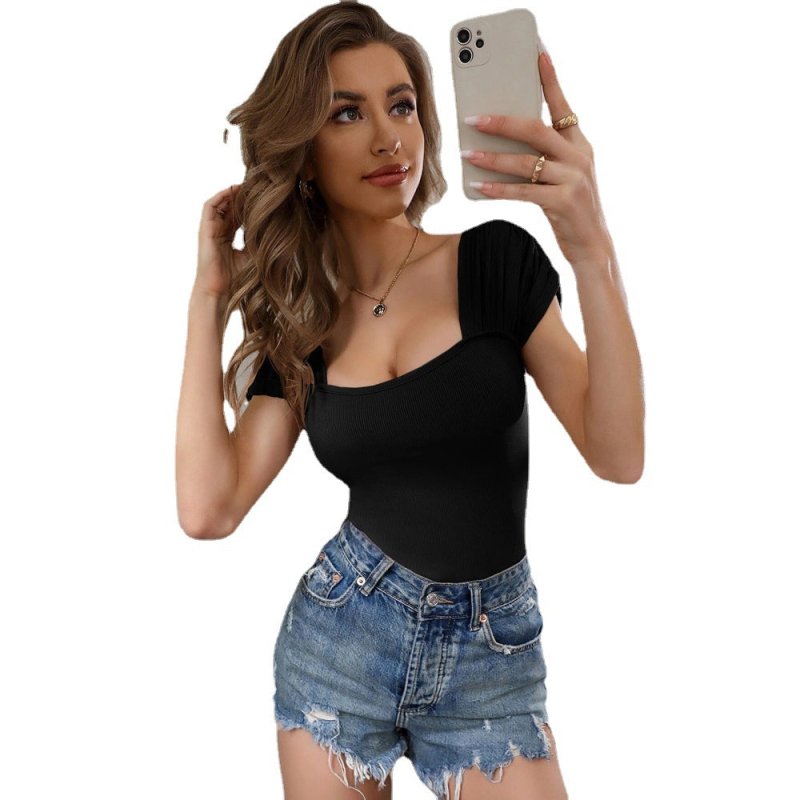 Women Clothing Spring Summer Sexy Square Collar Pleated Slim-Fit Knitted Short-Sleeved Vest T-shirt Top