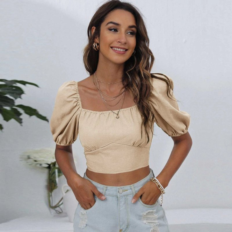 Women Clothing Spring Summer Square Collar Solid Color Backless Lace up T-shirt Navel-Exposed Casual Top for Women