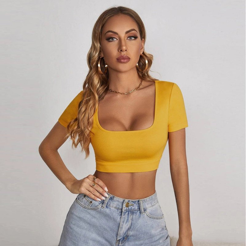 Women Clothing Summer New Square Collar cropped T-shirt Sexy Slim Street Short Sleeve