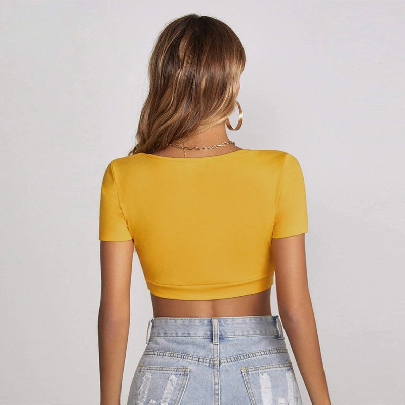 Women Clothing Summer New Square Collar cropped T-shirt Sexy Slim Street Short Sleeve