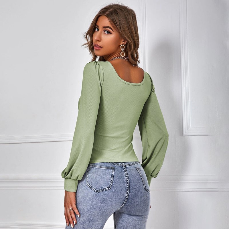 Women Clothing Waist Trimming Casual Puff Sleeve Knitted Long-Sleeved T-shirt Square Collar Slimming Top