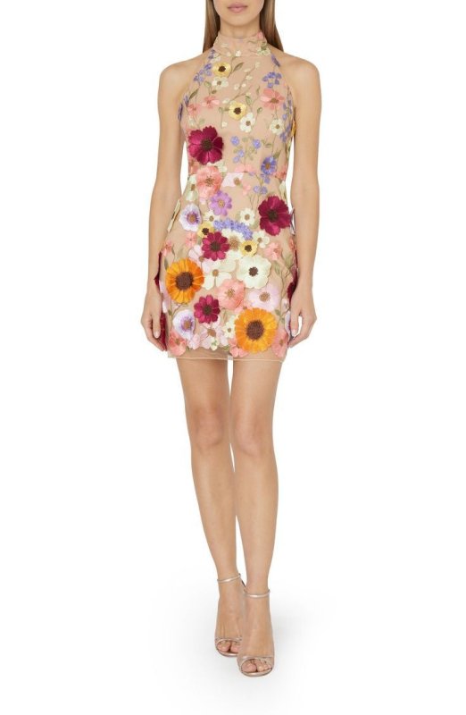 Women Embroidered Three Dimensional Floral Halter Slim Dress Small Dress