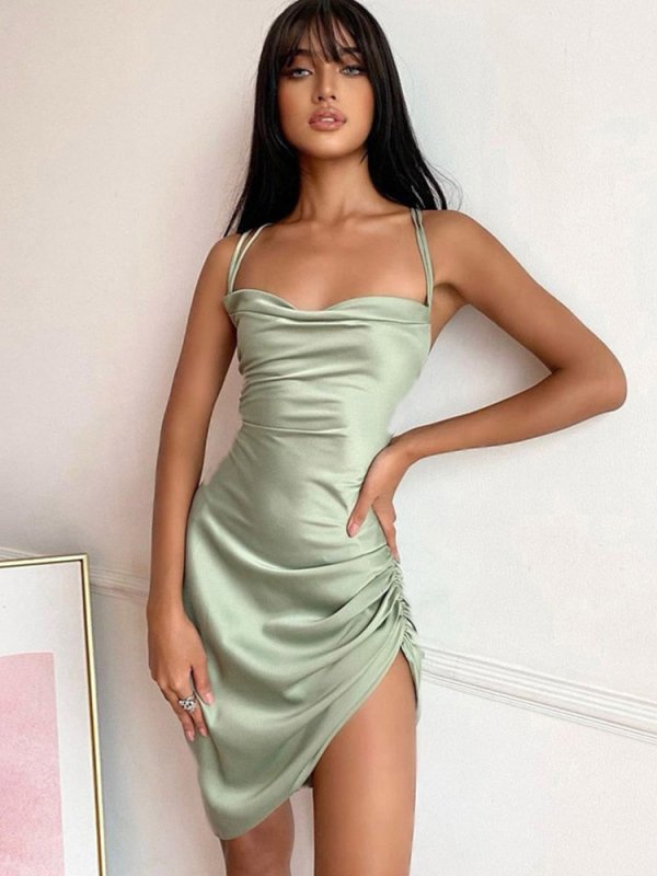 Women Strap Mini Dress Ruched Lace Up Cross Bandage Backless Bodycon Sexy Party Elegant 2023 Club Christmas Slim