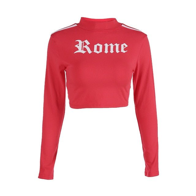 Women Turtleneck Sweatshirt Sexy Red Crop Tops Romeo Letter Printed Long Sleeve Autumn Tumblr Punk Cropped Sweatshirt Hoodies