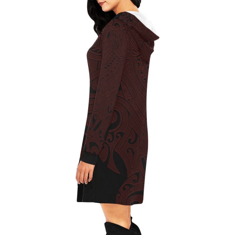 Women's All Over Print Hoodie Mini Dress(Model H27) - Maori hieratic style deark red