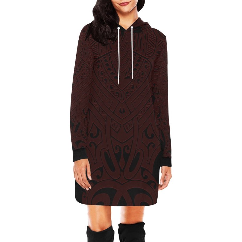 Women's All Over Print Hoodie Mini Dress(Model H27) - Maori hieratic style deark red