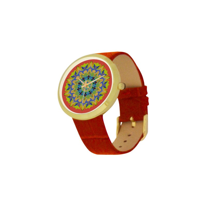 Women's Golden Leather Strap Watch (Model 212) - Mandala Green Orange