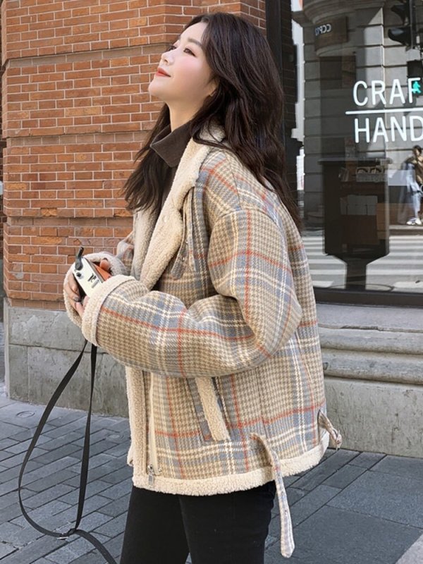 Women's Lambs Wool Short Coats Autumn Winter Wild New Korean Version Loose Plaid Notched Long Sleeve Casual Jacket