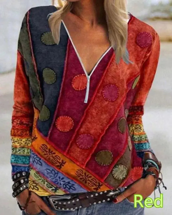 Women's Long Sleeve Element Printed V-Neck Zip T-Shirt