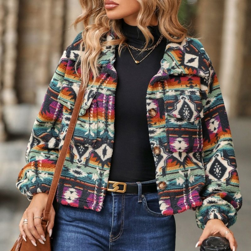 Women's long-sleeved, short jacket with an ethnic deign