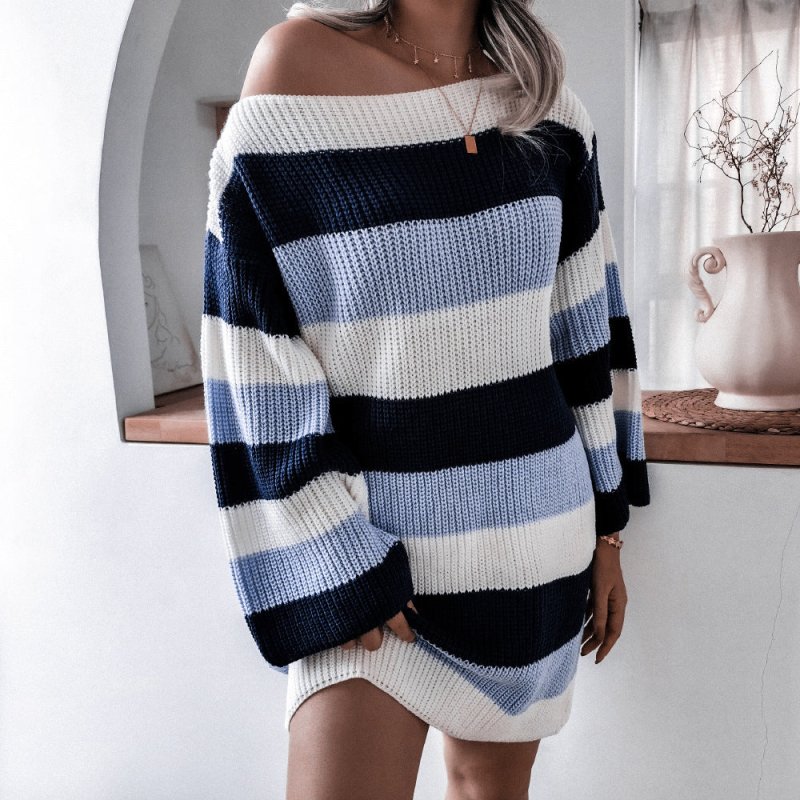 Women&#39;s Off Shoulder Loose Color Contrast Striped Knitted Wool Dress In Autumn And Winter