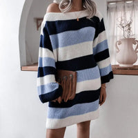 Women's Off Shoulder Loose Color Contrast Striped Knitted Wool Dress In Autumn And Winter - Premium Shirts & Tops for sale