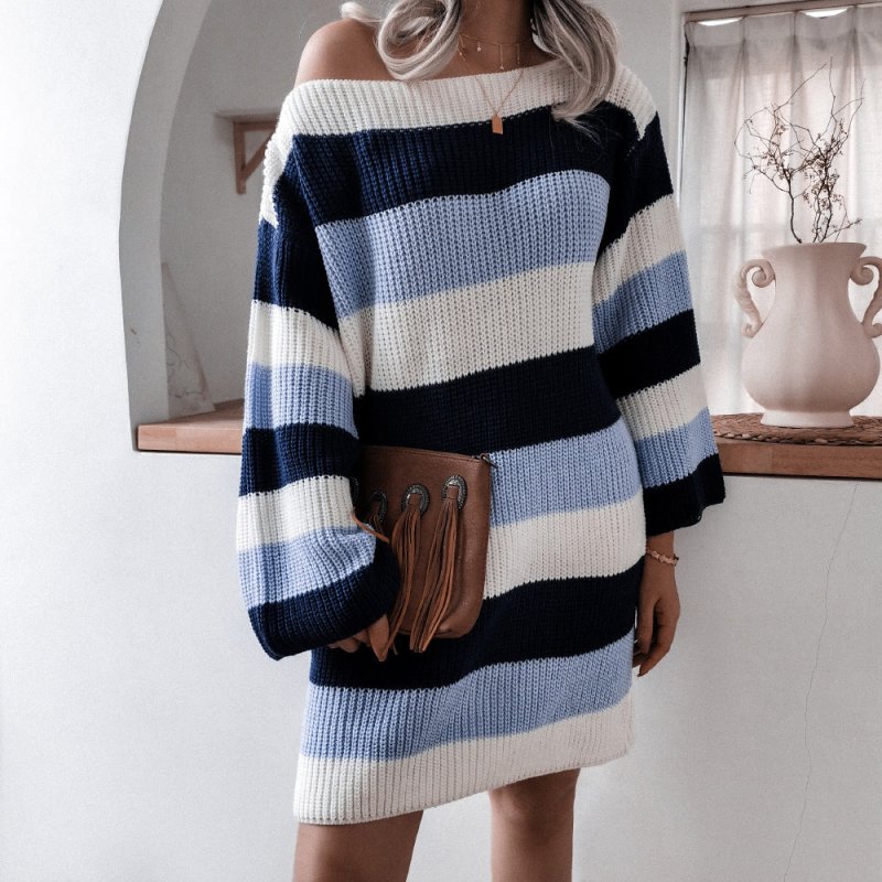 Women's Off Shoulder Loose Color Contrast Striped Knitted Wool Dress In Autumn And Winter