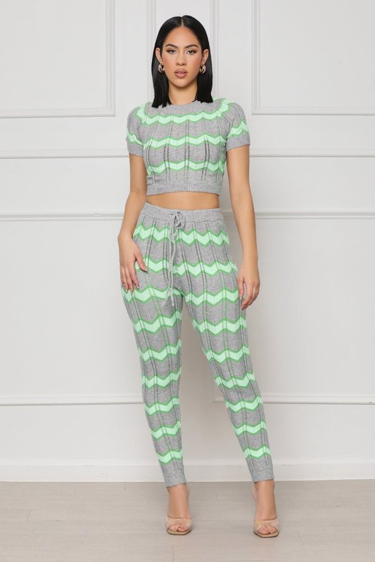 Women&#39;s Spring Color Matching Woolen Suit Wave Pattern Tight Knit Two-Piece Set